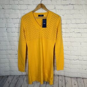 Gobi Cashmere‎ Yellow V-Neck Chevron Pointelle Tunic Sweater 17082 Womens S NEW
